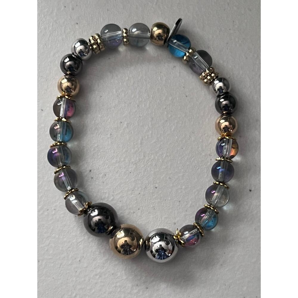 Iridescent Glass Handmade Bracelet Eclectic Unique Futuristic Design Stretchy